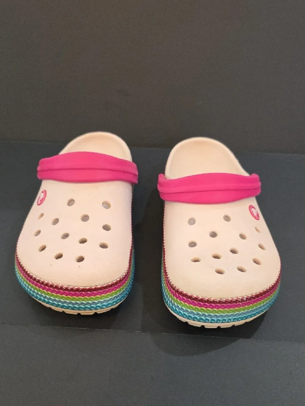CROCS Women's Clogs in Light Pink with Hot Pink Strap and Rainbow Trim Size 8